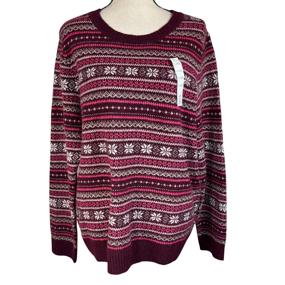 Croft & Barrow X-Large Sweater Fair Isle Crew Neck Long Sleeve Pullover Berry